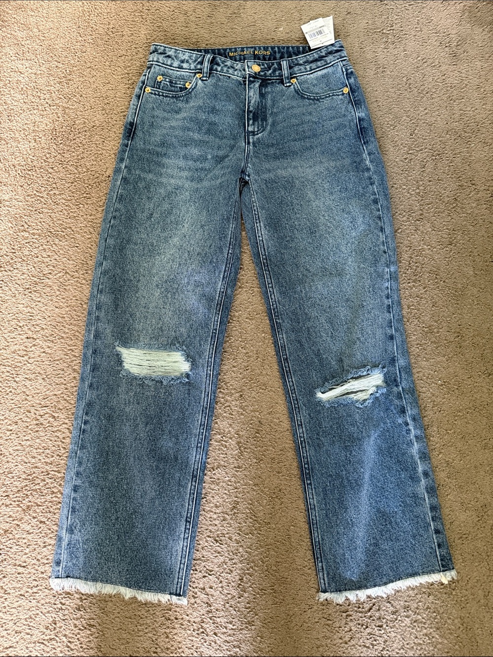 Michael Kors Straight-Leg Distressed Jeans in Blue Wash